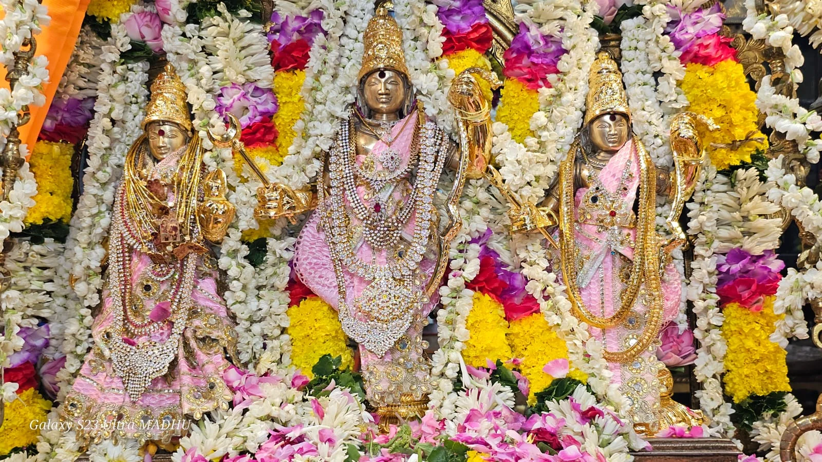 Sri Sita Ramachandra with Lakshmana and Hanuman in pink and white flowers