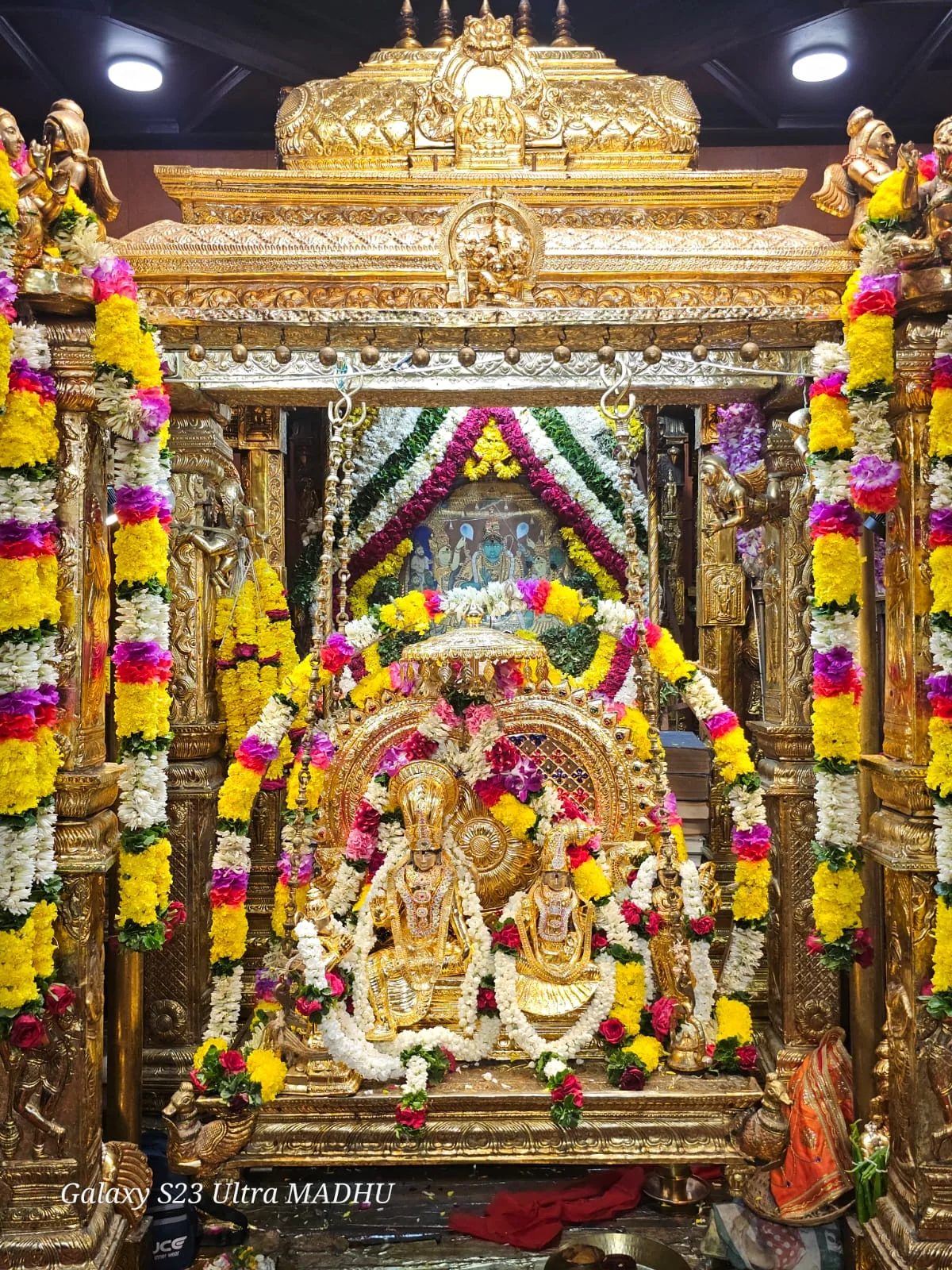 Deities seated on the ornate Swarna Jhoola